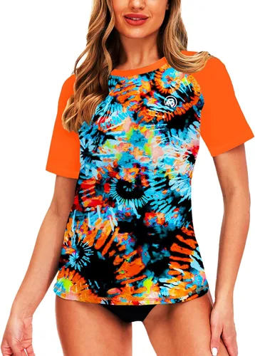 Vista 50 de AOBUTE Camisetas de natación de manga corta para mujer con protección solar degradada