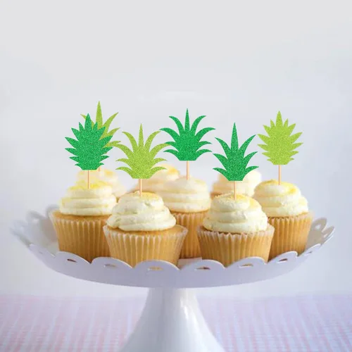 Vista 5 de Ercadio Paquete de 24 adornos para cupcakes de piña, color verde, con purpurina, dona, piña, cupcakes, hawaiano, tropical, divertido, tema de piña