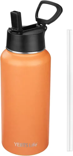 Vista 20 de Botella de agua aislada con popote, botella de agua deportiva de acero inoxidable aislada al vacío de 32 onzas, mantiene el frío y el calor, botella