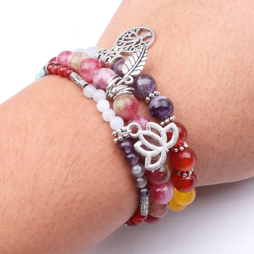 Vista 5 de UEUC - Pulseras Reiki, apilables, de piedras curativas, cristales, con dije del árbol de la vida, yoga y hoja de loto, contra la ansiedad