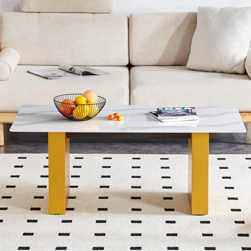 Vista 4 de Mesa auxiliar rectangular moderna con almacenamiento para sala de estar, mesa central moderna minimalista de imitación blanca, mesa de café