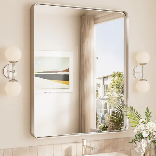 Vista 25 de TokeShimi Espejo de pared de baño de níquel cepillado de 20 x 30 pulgadas, marco de metal, esquina redonda, rectangular, para decoración del hogar