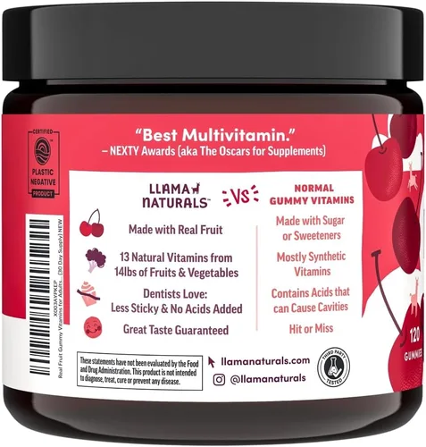 Vista 4 de Llama Naturals Multivitamin para Mujeres y Hombres, Gomitas Veganas y Orgánicas con Vitamina D, C y K, Vitaminas de Fruta Real para Adultos