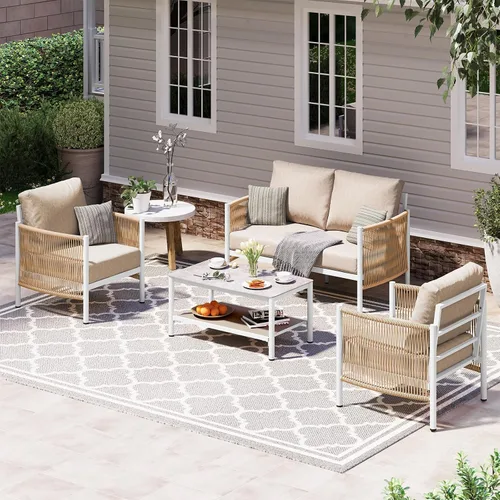 Vista 28 de Sofá de dos plazas de aluminio para patio exterior, sofá de patio de cuerda HDPE con cojín grueso lavable, muebles de patio para todo tipo de clima