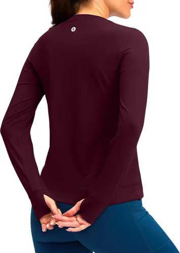 Vista 2 de SANTINY Camiseta de compresión atlética de manga larga para mujer, con dobladillo cruzado, para correr, gimnasio, yoga, con agujero para el pulgar