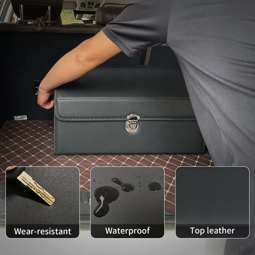 Vista 5 de Organizador de maletero Wuatow para coche, organizador de maletero para SUV y sedán, con tapa, multifuncional, caja de almacenamiento de carga Negro