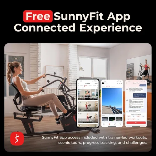 Vista 2 de Sunny Health & Fitness Elite Bicicleta reclinada de entrenamiento cruzado y máquina elíptica con ejercitadores de brazos para entrenamiento