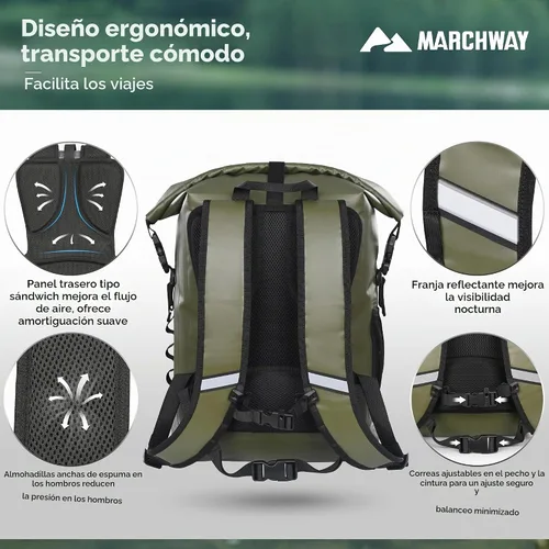Vista 3 de MARCHWAY Mochila impermeable con parte superior enrollable, bolsa seca flotante de 20L/30L/45L con base rectangular ergonómica, espalda acolchada