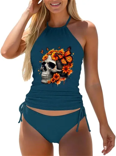 Vista 34 de Omichic Conjuntos de tankini modestos para mujer, trajes de baño atléticos de 2 piezas, camiseta sin mangas fluida con parte inferior de bikini