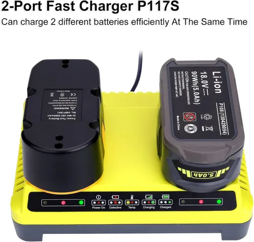 Vista 5 de Cargador rápido P117 de 2 puertos para batería Ryobi 18V ONE+ Max Lithium P100 P102 P103 P105 P107 P108 P117 P118 12V-18V Li-Ion NiCd NiMh Batería
