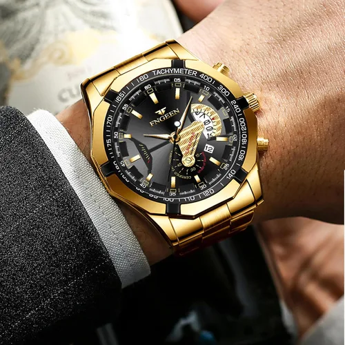Vista 4 de Paquete de 4 relojes de acero inoxidable para hombre, impermeable, fecha, luminoso, esfera grande, oro, plata, negro, azul, vestido de negocios