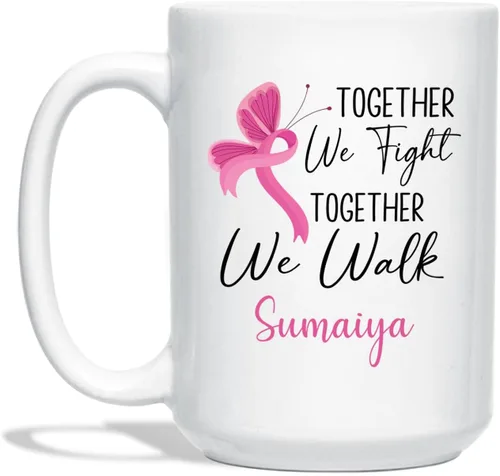 Vista 15 de Taza de café de concientización sobre el cáncer de mama con nombre personalizado, taza de café de 11 onzas, taza de té de cerámica blanca