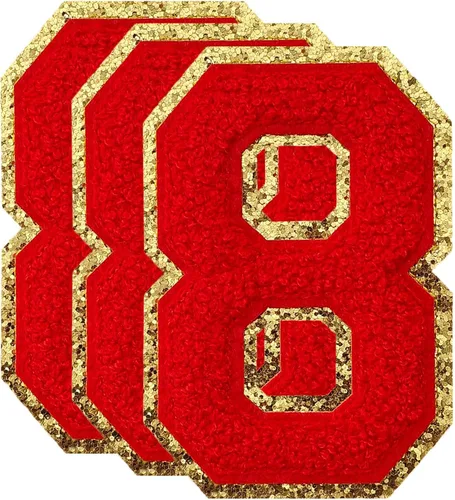 Vista 44 de 3 parches de letras de felpilla roja, parches de letras termo-adhesivas de 4-1/2" con brillantina para ropa, S