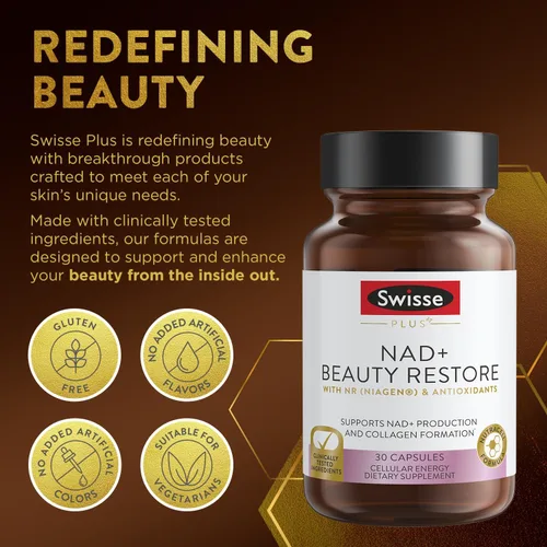 Vista 7 de Swisse Plus NAD+ Beauty Restore Ingredientes clínicamente probados Suplemento NAD+ para hombres y mujeres Apoya la formación de colágeno