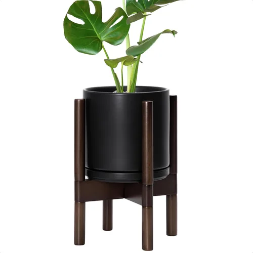 Vista 53 de D'vine Dev Maceta de cerámica con soporte de ébano – Maceta redonda moderna de 8 pulgadas con soporte para maceta de madera, color negro, 55-B-M-2