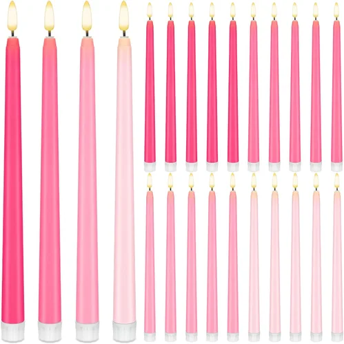 Vista 22 de Baquler 24 velas cónicas sin llama de 11 pulgadas, color rosa y verde, funciona con pilas, velas LED coloridas y parpadeantes de plástico dorado