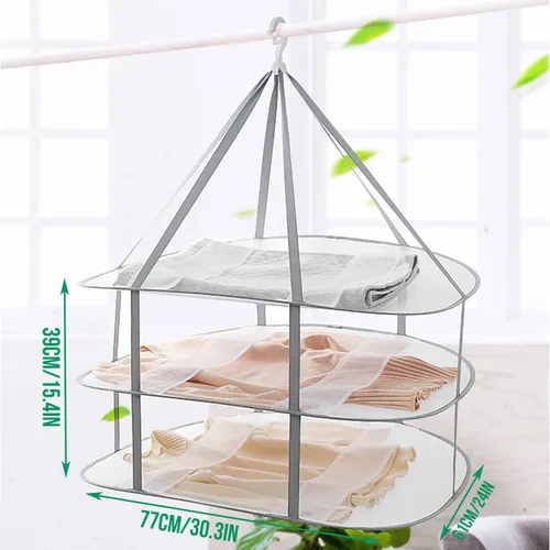 Vista 7 de Funvalley Surperfect Secador de malla plegable para colgar, estante de secado de suéter de 3 niveles de red plegable para suéteres, juguetes