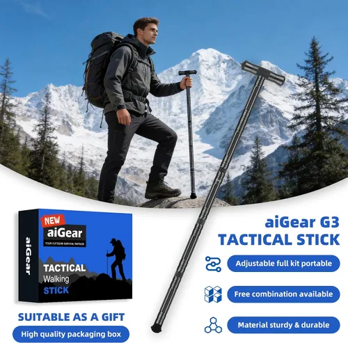 Vista 8 de aiGear G3 Tactical Walking Stick Self Defense, Upgraded Durable Hiking Stick with Multitool Adjustable 5-8 Tubes Modular Design for Hiking Camping
