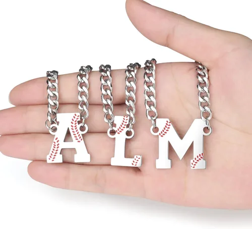 Vista 7 de QINJIEJIE Collar de béisbol inicial A-Z con letras, accesorios deportivos, colgante de encanto de béisbol, joyería de cadena de acero inoxidable 2-P