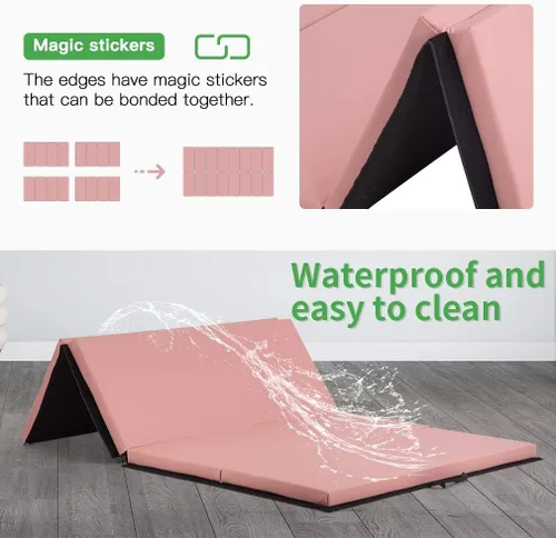 Vista 2 de 6 ft Gymnastics Exercise Mat Thick Tumbling Mats with Carrying Handles, 6ft x 4ft x 2in Yoga Mat Folding Exercise Pad Leather Gym Mat for