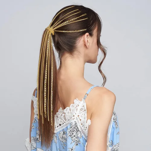 Vista 3 de PAGOW 6 cadenas para el cabello de oro punk con borlas para mujeres y niñas, accesorios de cabeza de cola de caballo con clips para discoteca