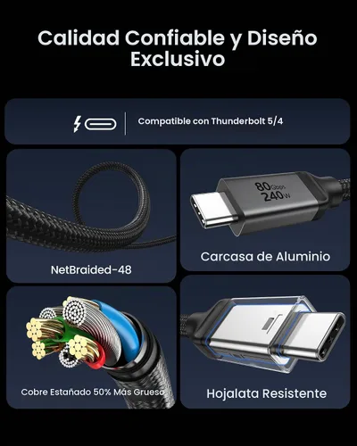 Vista 6 de Silkland Cable USB 4 de 80 Gbps para Thunderbolt 5 de 1 pie, carga PD 3.1 de 240 W, ancho de banda de hasta 120 Gbps para doble 8K, cable de datos