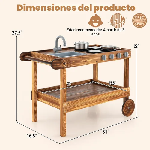 Vista 6 de Costzon Cocina de barro, cocina de juego al aire libre con fregadero, grifo, estufas y accesorios de cocina, estante de almacenamiento, carrito
