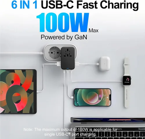 Vista 2 de JMFONE Adaptador de viaje universal con GaN 100W, adaptador de enchufe de corriente internacional de 5 puertos [4*USB C+1*USB A] y múltiples tomas