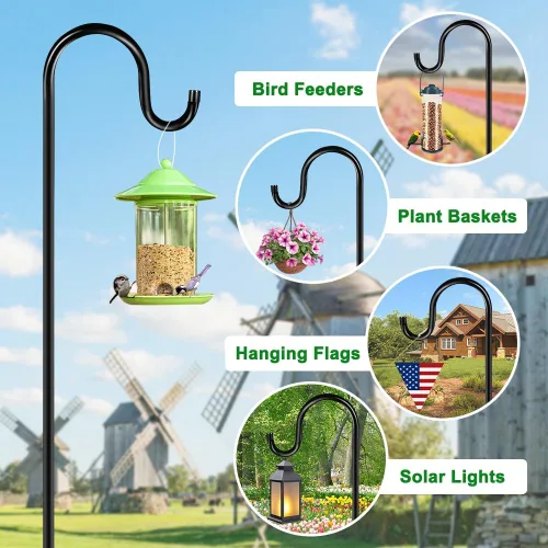 Vista 5 de Ganchos de pastor de 48 pulgadas para exteriores, poste de comedero de pájaros resistente con bases de 5 puntas, estaca colgante de jardín