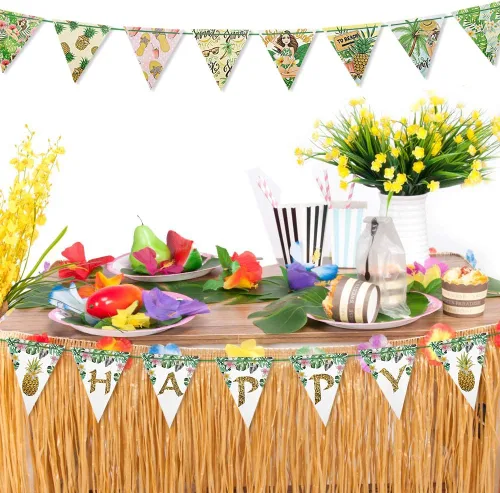 Vista 3 de Apol Juego de 2 decoraciones hawaianas para fiesta de cumpleaños, guirnalda de piña con bandera triangular, verde, cartulina, rectangular, guirnalda