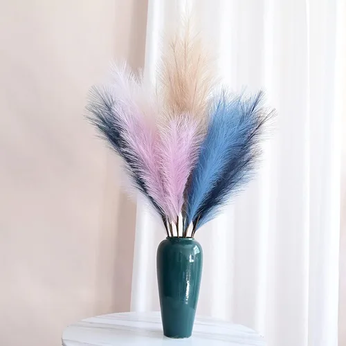 Vista 4 de JYCAR 5 ramos de hierba de pampa artificial, 33.5 pulgadas, simulación de plumas artificiales, decoración de junco, ramo de flores secas falsas