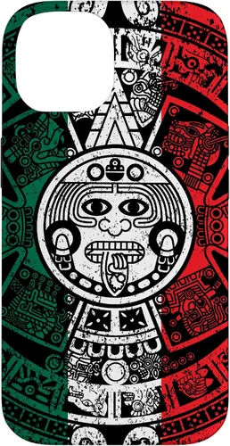 Vista 4 de Funda para iPhone 17 con calendario maya azteca con diseño de piedra solar envejecida de la bandera de México