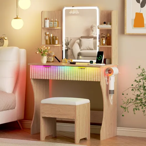 Vista 11 de Escritorio de tocador con espejo iluminado HD y luces, pequeño tocador de maquillaje acanalado con cajones y estantes de almacenamiento, juego