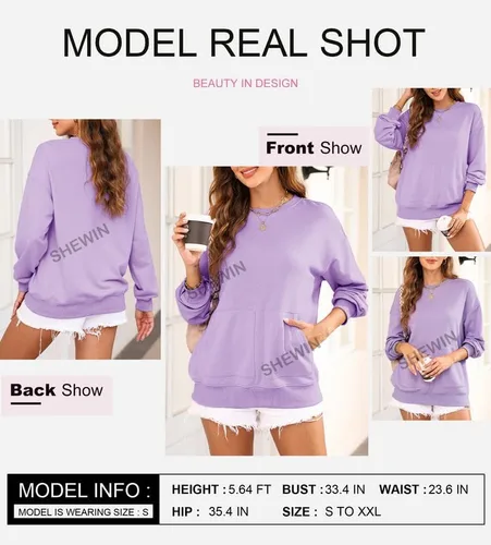Vista 4 de SHEWIN Sudaderas para mujer, cuello redondo, color sólido, a la moda, cálidas, de gran tamaño, ligeras, sin botones