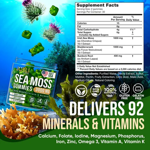 Vista 3 de JOYLI Nutrition Paquete de 2 gomitas de musgo marino para adultos y niños, suplemento vegano de musgo marino irlandés con vejiga y raíz de bardana