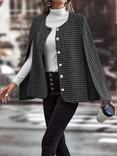 Vista 5 de WDIRARA Chaqueta de manga tipo capa con estampado a cuadros para mujer, cuello redondo, botones frontales, chaqueta
