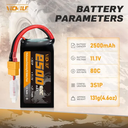Vista 2 de 3S Lipo Batería 2500mAh 11.1V 80C Alta tasa de descarga Shorty Pack Baterías RC con XT60 Plug Fit para RC Avión FPV Quadcopter Helicóptero Drone