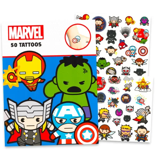 Vista 4 de Juego de recuerdos de fiesta de superhéroes – 150 tatuajes temporales de superhéroes con Marvel Avengers, Spiderman y Teenage Mutant Ninja Turtles
