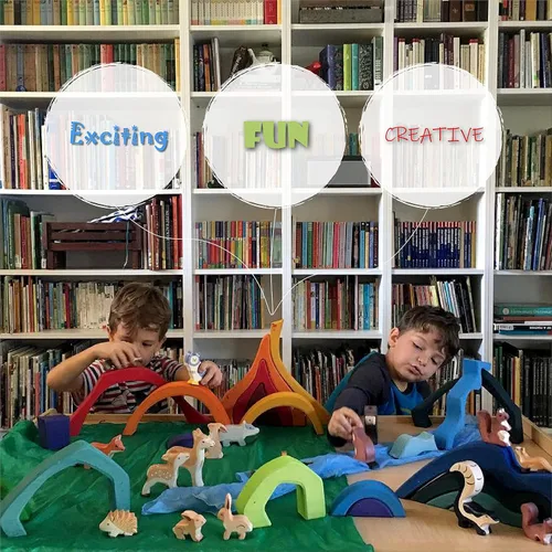 Vista 5 de Bloques de arco iris XL de cuatro elementos, juguetes de madera para niños, rompecabezas de construcción geométrico, juego educativo de volcán/casa
