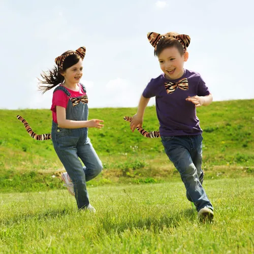 Vista 4 de Juego de disfraces de tigre, orejas de tigre, cola de nariz y pajarita, juego de disfraz de animal elegante, accesorios para niños, Halloween