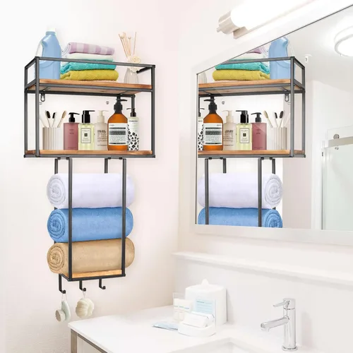 Vista 6 de MOUGIGI Toallero montado en la pared, diseño que ahorra espacio para baños pequeños, organizador versátil para toallas, mantas y más, ideal