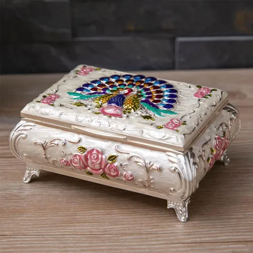 Vista 6 de Joyero de aleación de metal con diseño de rosas de pavo real vintage, de lujo, caja de almacenamiento, anillo y baratija para mujeres y niñas, rosa