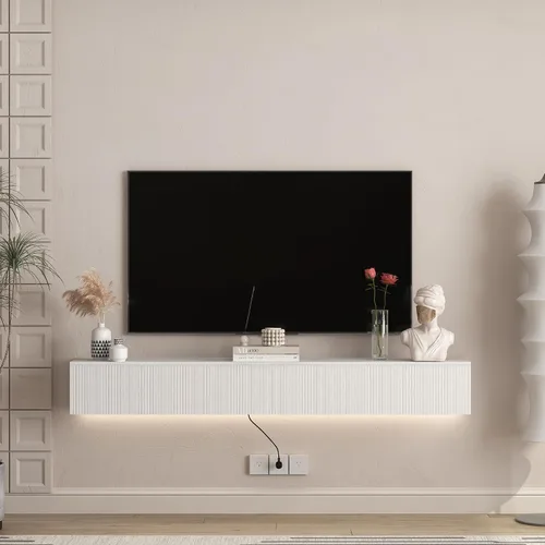 Vista 12 de Soporte flotante para TV montado en la pared con 20 LED de color, soporte de TV moderno de 63 pulgadas, gabinete de TV flotante centro