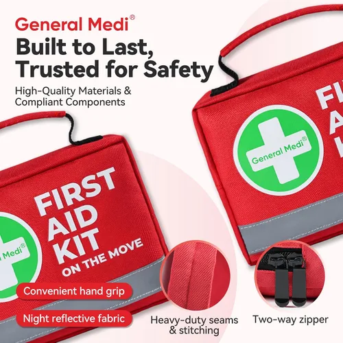 Vista 5 de General Medi Botiquín de primeros auxilios - 150 piezas pequeño y compacto. Incluye paquete frío instantáneo, manta de emergencia para viajes
