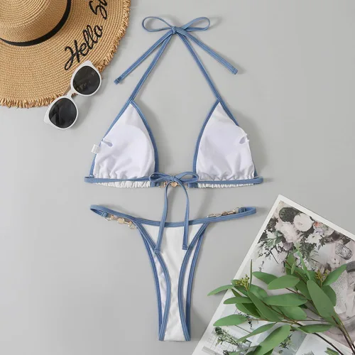 Vista 6 de Conjunto de bikini de tanga triangular acanalada con tanga micro tanga bikini parte inferior traje de baño de dos piezas