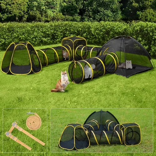 Vista 8 de VIVOHOME Cercas exteriores para gatos 2-en-1, Catio portátil con tienda de campaña para gato, túnel de corral circular, para gatitos y animales