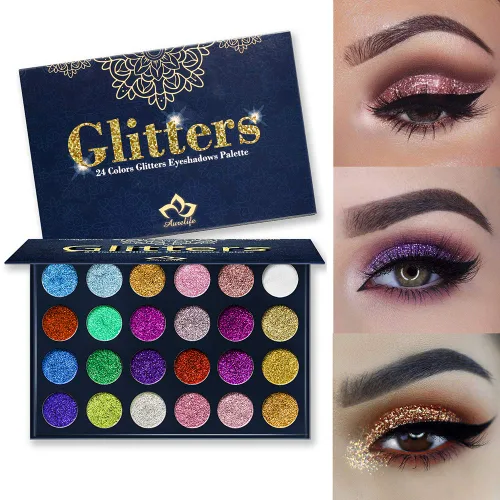 Vista 2 de Aolailiya Paleta de sombra de ojos con brillantina prensada de 24 colores – Mineral Ultra Shimmer paleta de maquillaje sombra de ojos polvo de larga