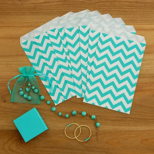 Vista 4 de 888 Display - 200 piezas de bolsas de regalo de papel Chevron verde azulado de 4 x 6 pulgadas, bolsas planas de ventas de compras