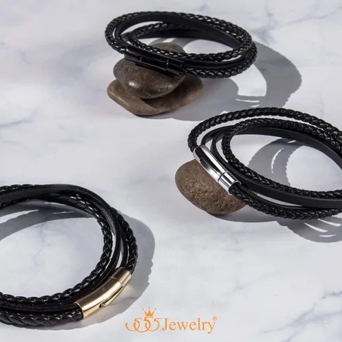 Vista 5 de 555Jewelry - Pulsera magnética de acero inoxidable con capas de cordón de cuero trenzado