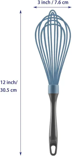 Vista 6 de OYV Batidor de silicona azul, batidor profesional de plástico para cocinar, sin arañazos, acero inoxidable y resistente al calor, batidor de goma